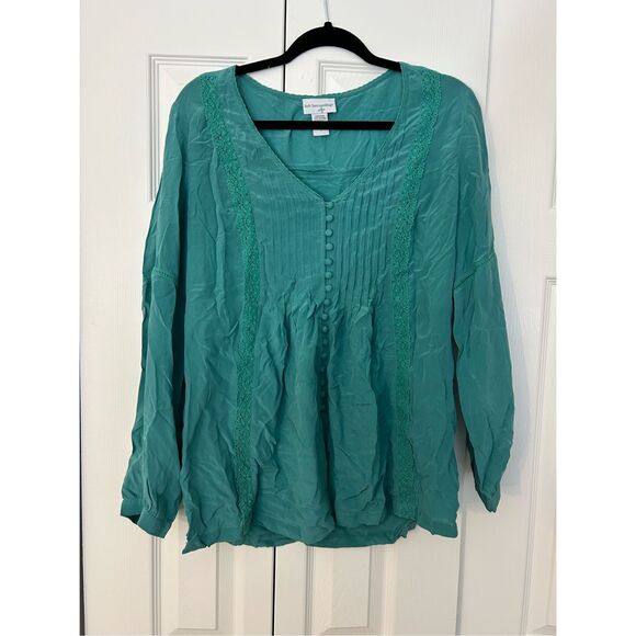 Soft Surroundings Green Blue Teal Button Blouse, 100% Silk Top, Size Small - Picture 1 of 11